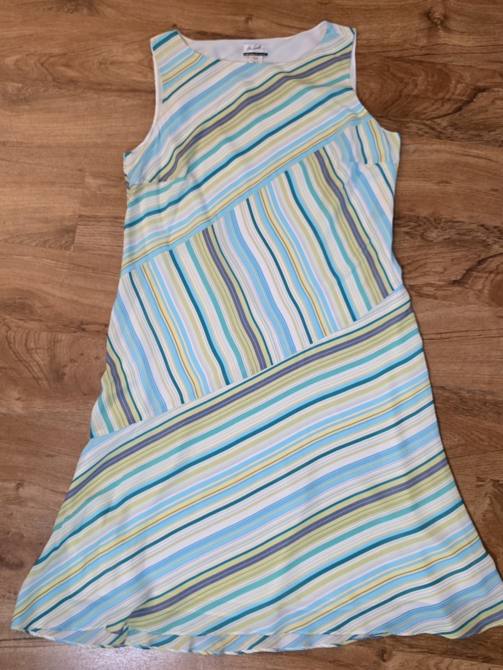 The Look Randolph Duke Green, Blue & White Striped Silk Sleeveless Dress